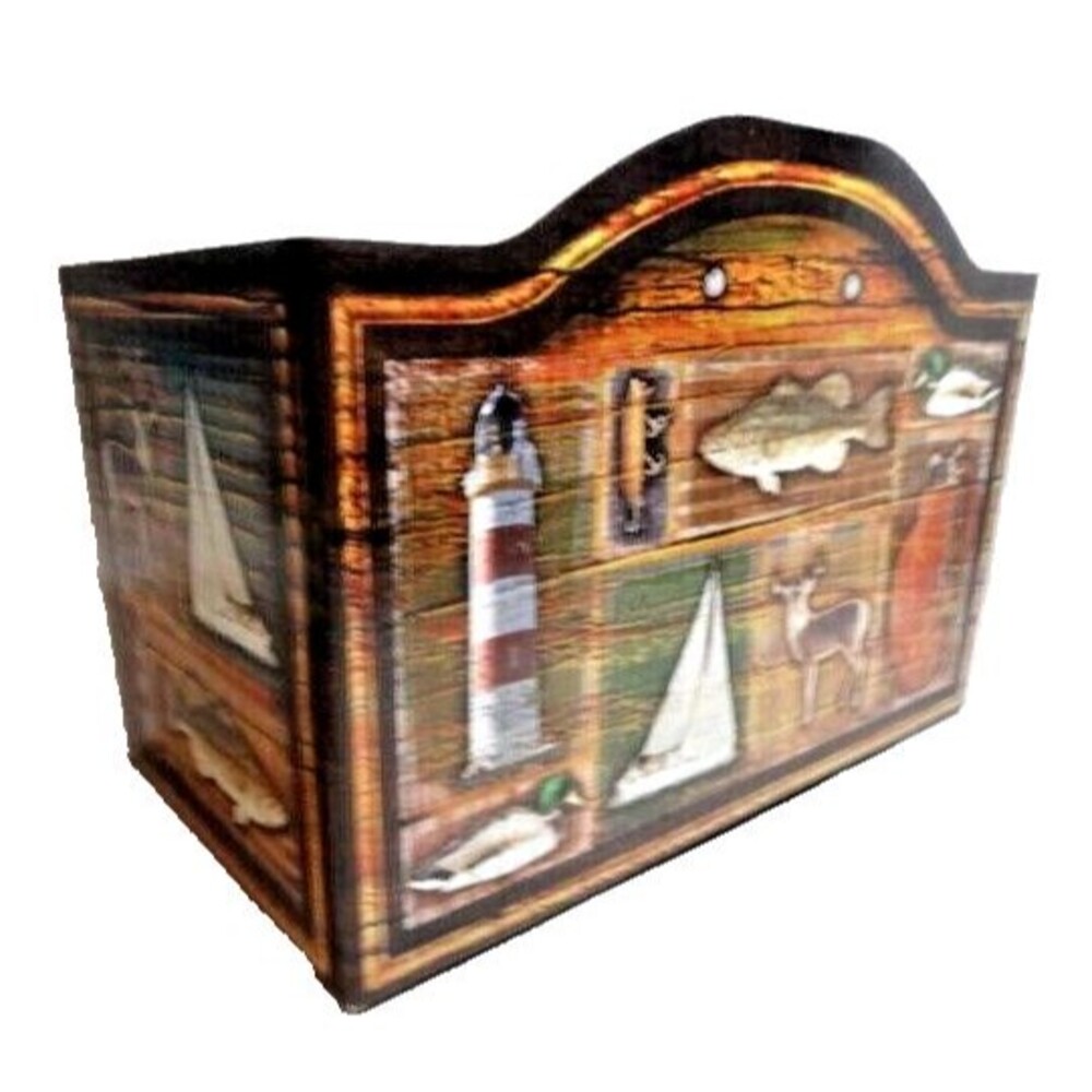 Fishing Lodge Storage Box Gift Basket Cardboard Fish Deer Lighthouse Boat Brown